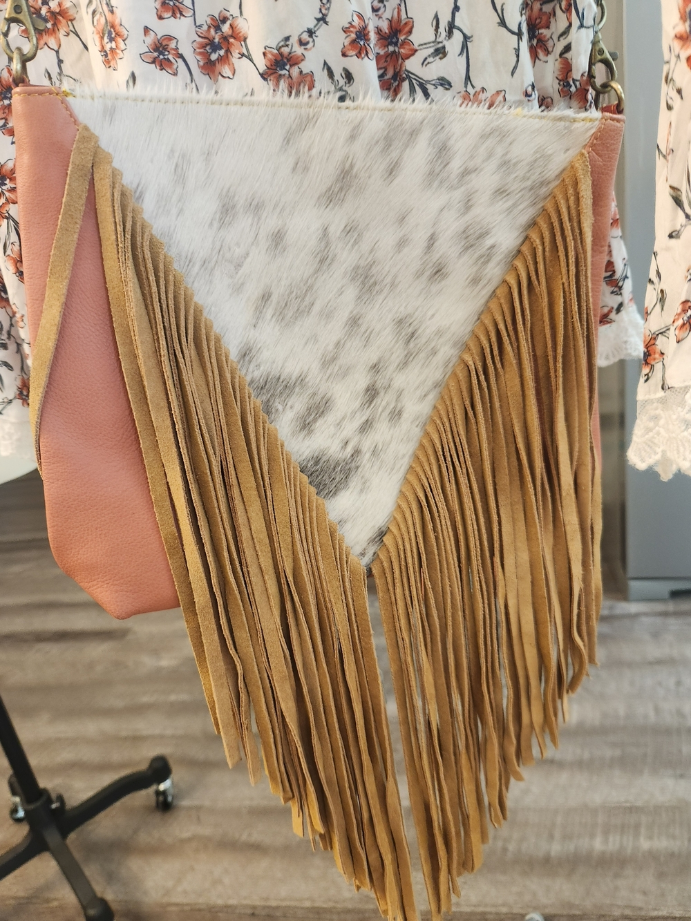Myra Bag Tan Fringe & Pink Leather Shoulder Bag with Haircalf Panel